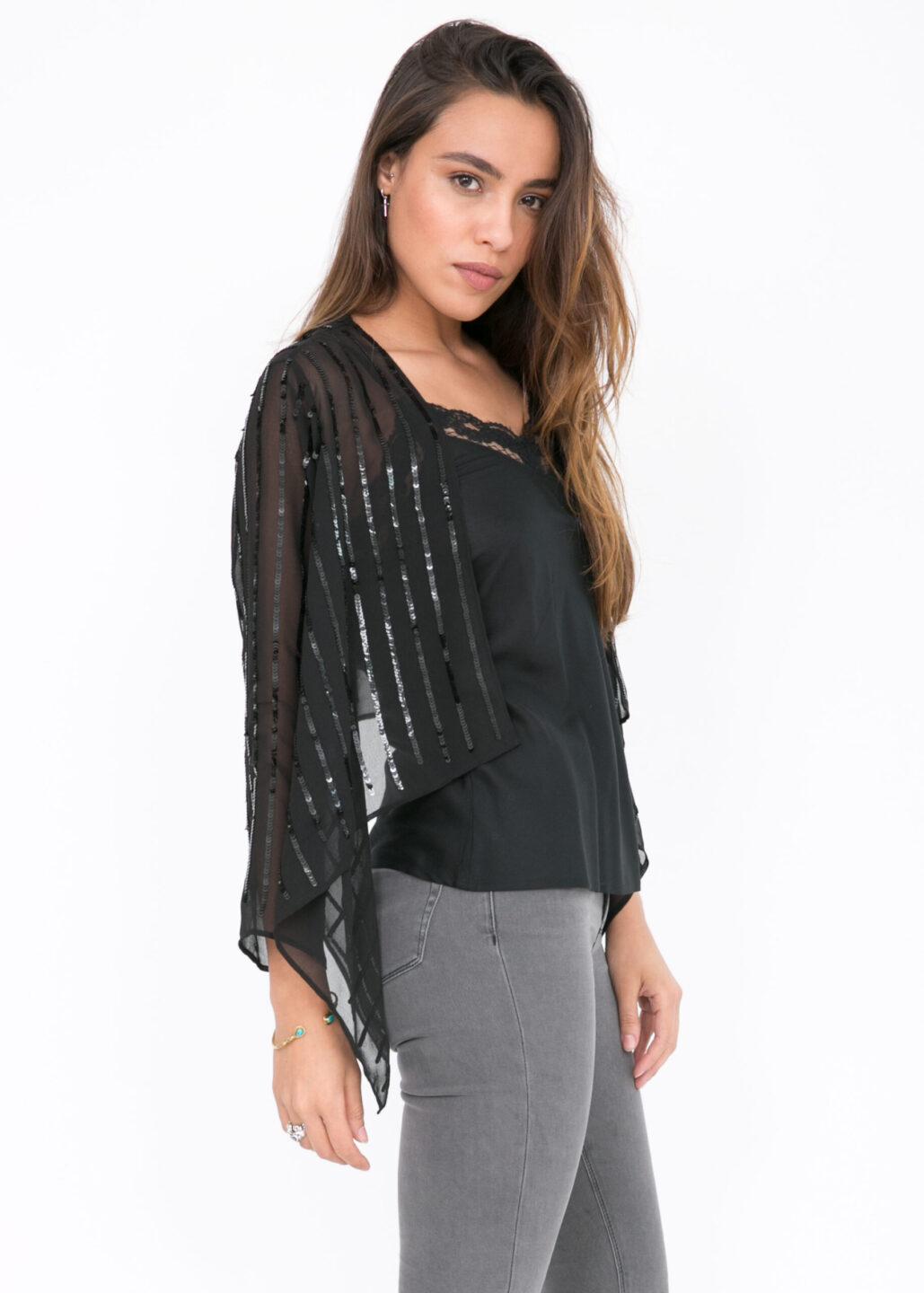 Sheer Chiffon Sequins Shrug Bolero Black