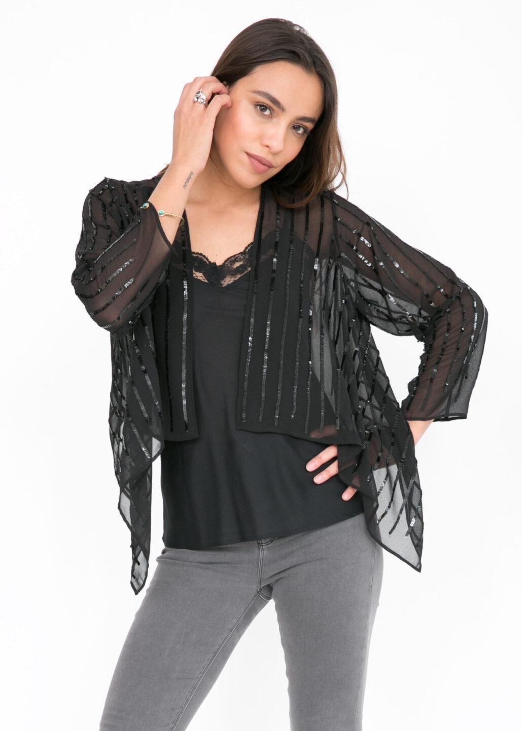 Sheer Chiffon Sequins Shrug Bolero Black