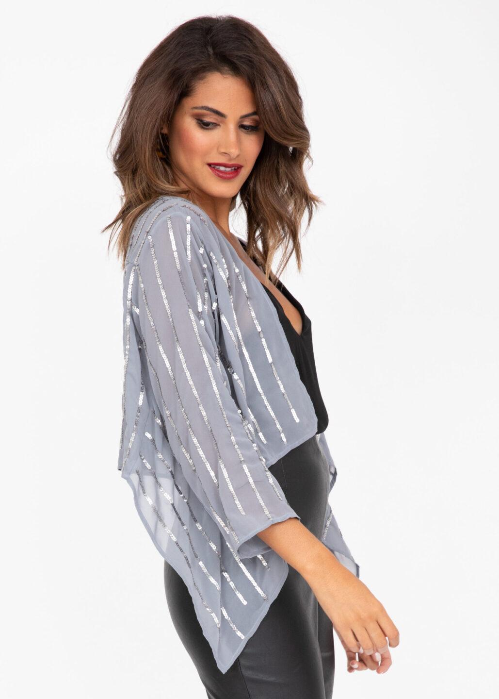 Sheer Chiffon Sequins Shrug Bolero Silver