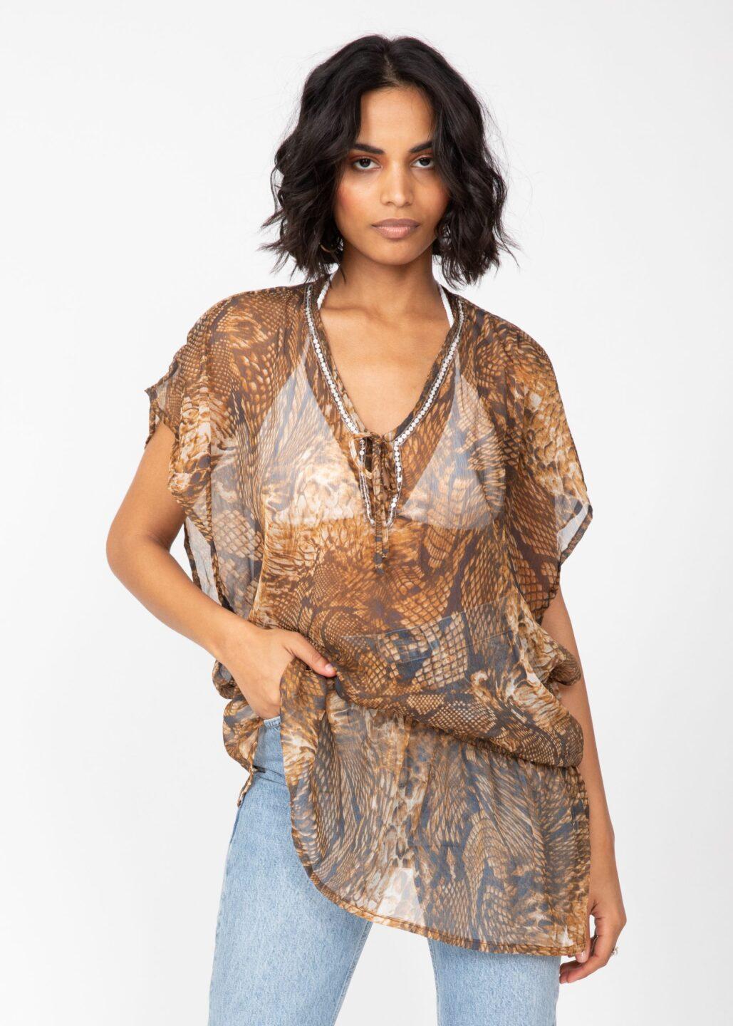 Sheer Ibiza Kaftan Top in Snake Print with Sequins