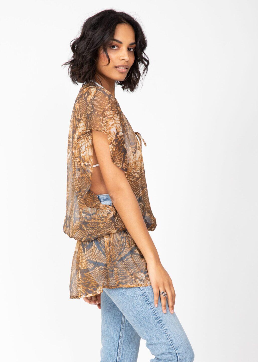 Sheer Ibiza Kaftan Top in Snake Print with Sequins