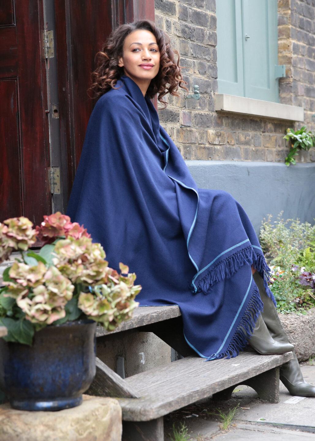 Handwoven navy blue merino wool oversized scarf by likemary â€“ versatile blanket shawl for warmth, perfect for travel, meditation, and everyday use.