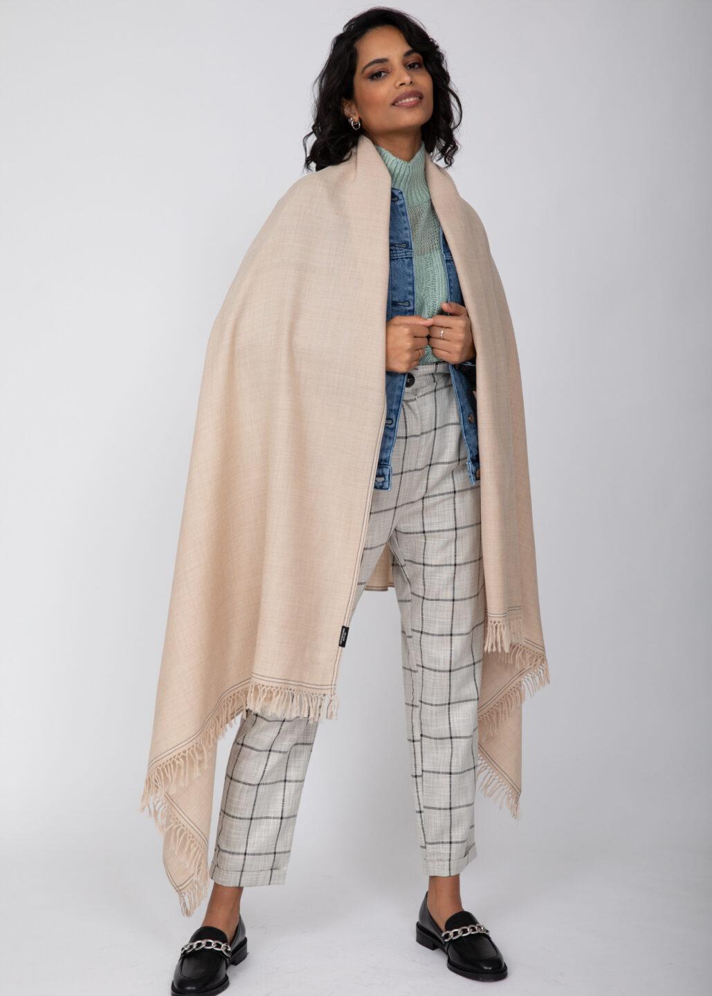 Shoreditch Merino Handwoven Pashmina Shawl and Blanket Scarf Fawn Beige