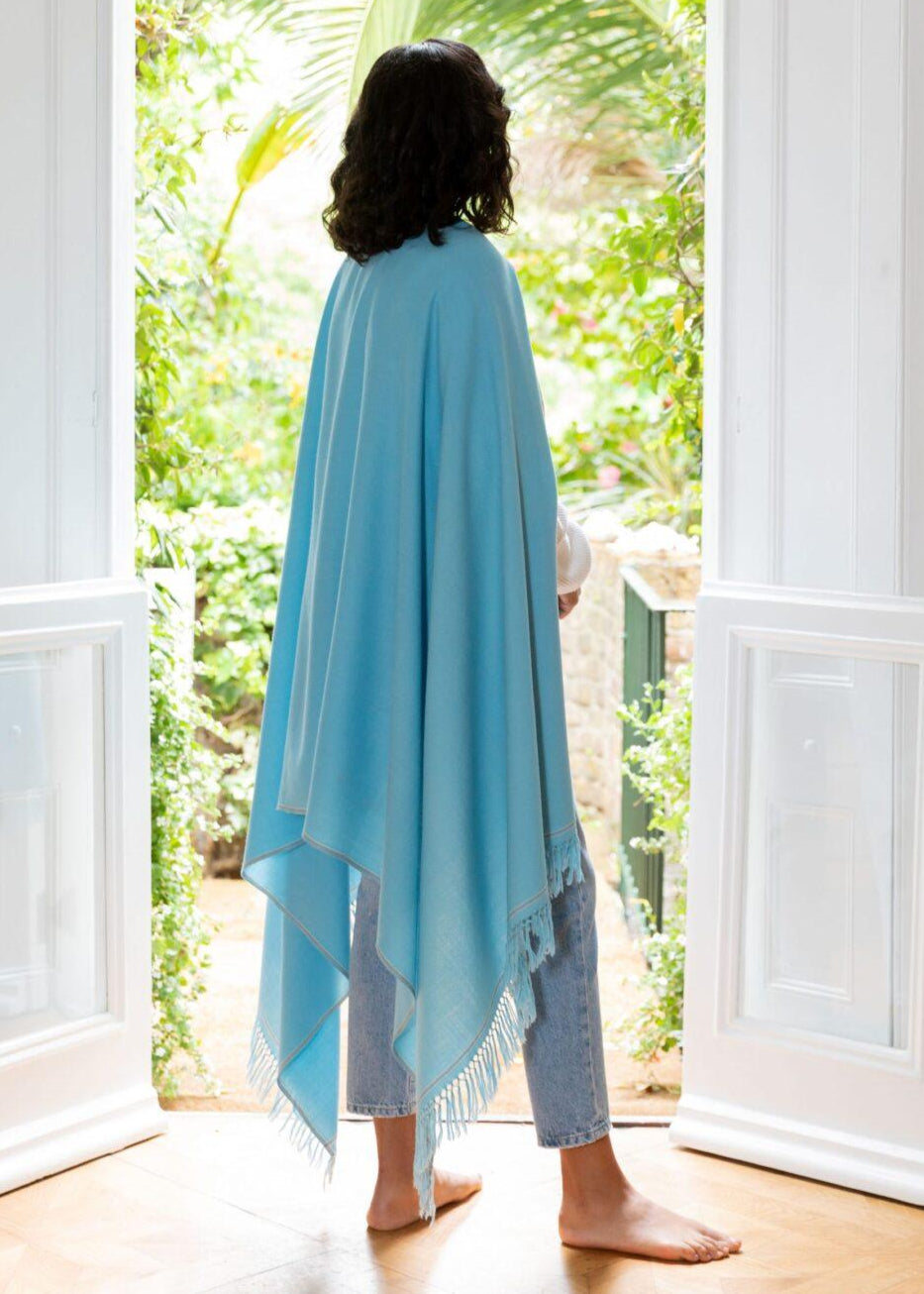 Scarf wrap ideas featuring likemaryâ€™s sustainable crystal blue meditation shawl â€“ perfect for outfits or gifting.