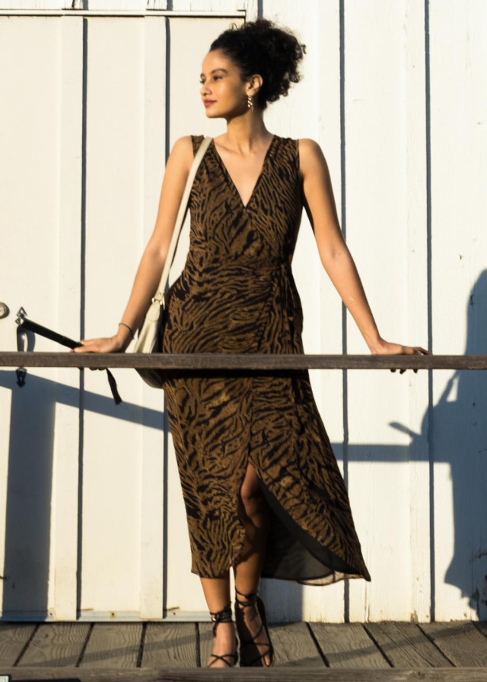 Maxi Wrap Dress With Side Split Tiger Print