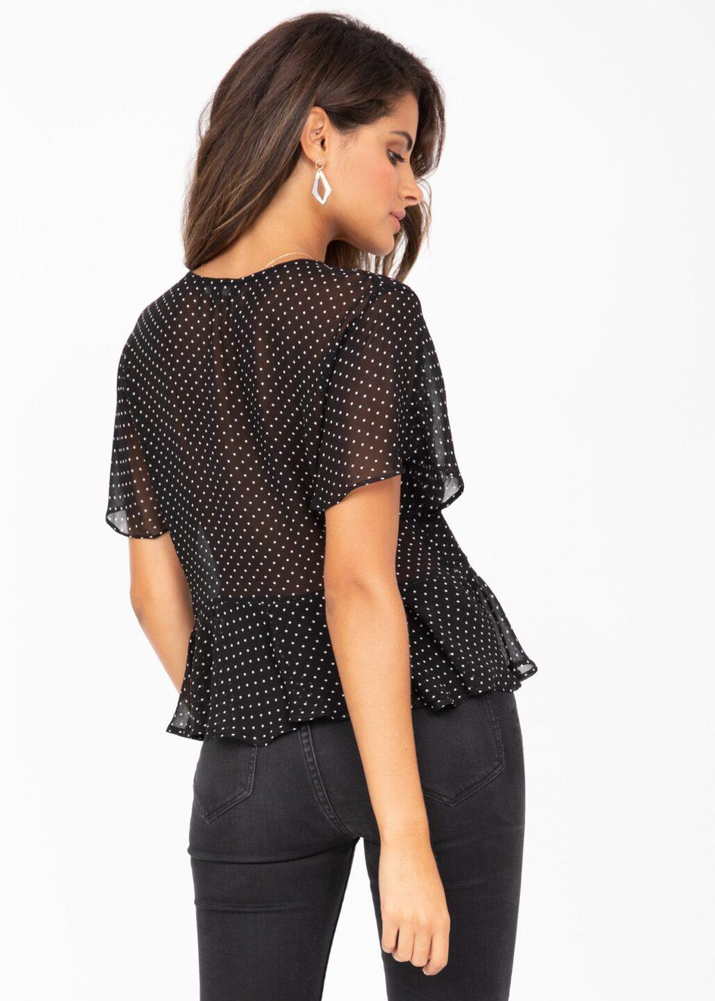 Short Butterfly Sleeve Floaty Top In Black Polka Dot