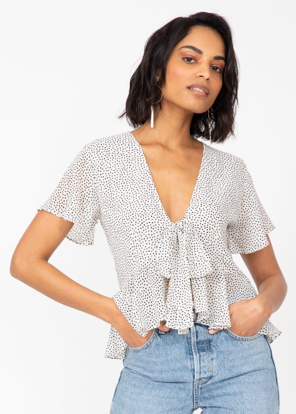 Short Butterfly Sleeve Floaty Top In White Polka Dot