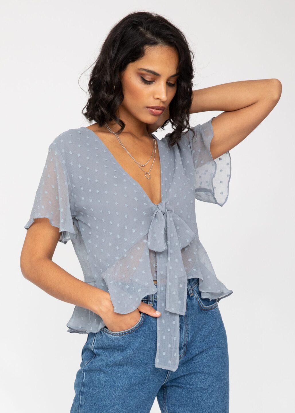 Short Butterfly Sleeve Top In Calm Grey Dots