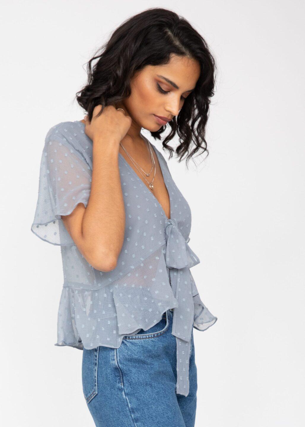 Short Butterfly Sleeve Top In Calm Grey Dots