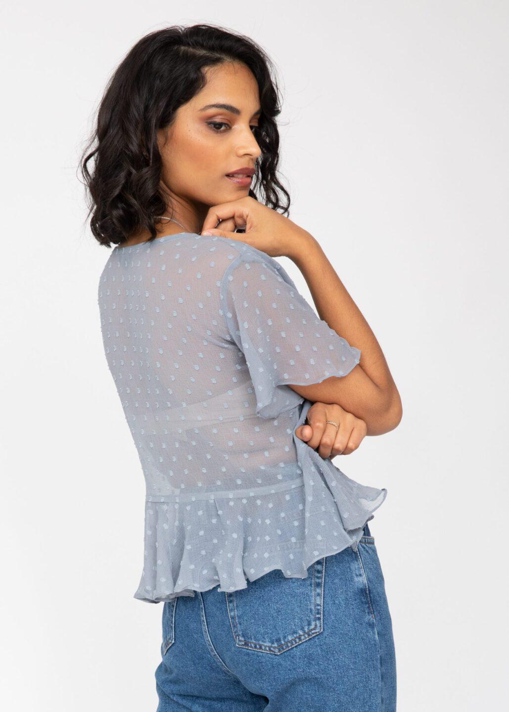 Short Butterfly Sleeve Top In Calm Grey Dots