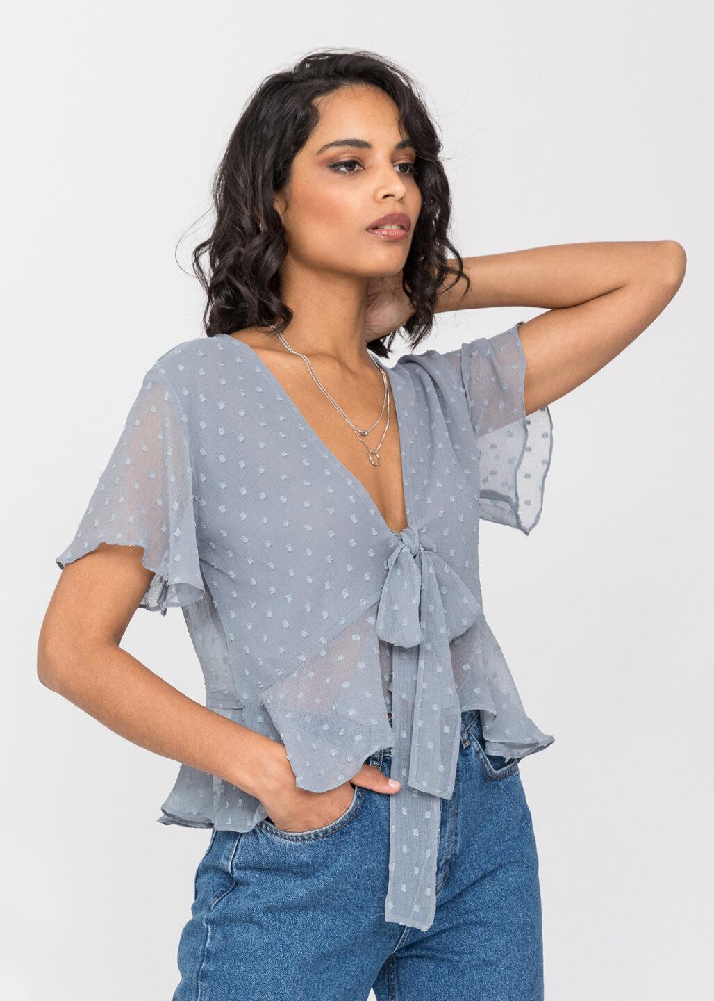 Short Butterfly Sleeve Top In Calm Grey Dots