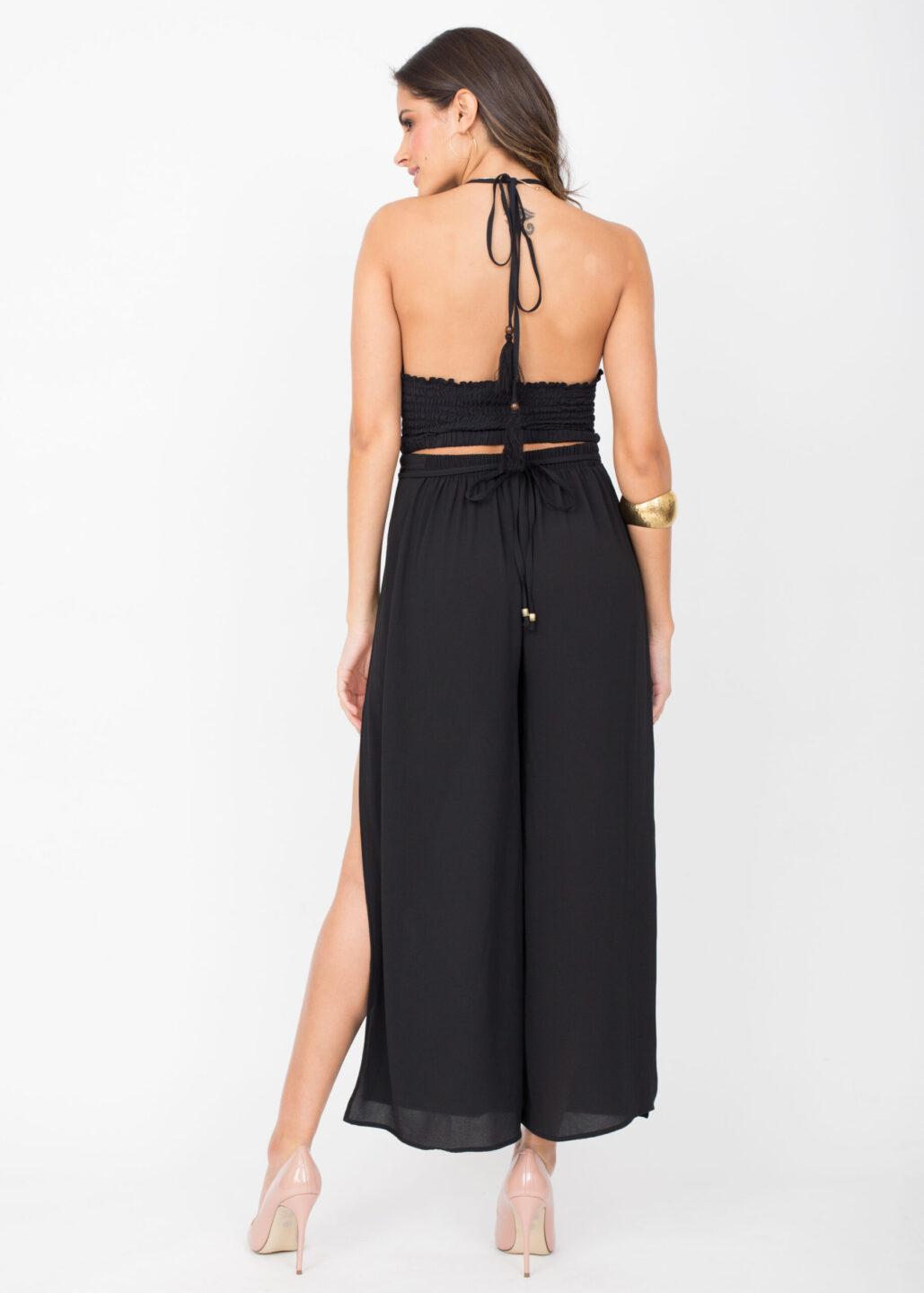 Side Split Holiday Trousers Wide Leg Black