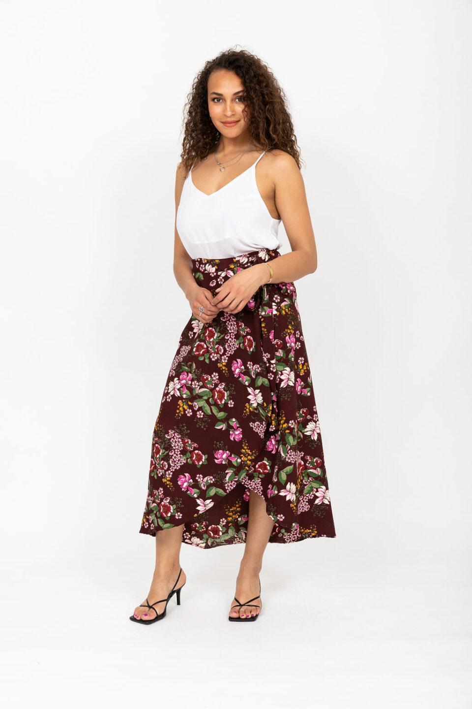 Maxi Wrap Skirt in Pink Floral Burgundy