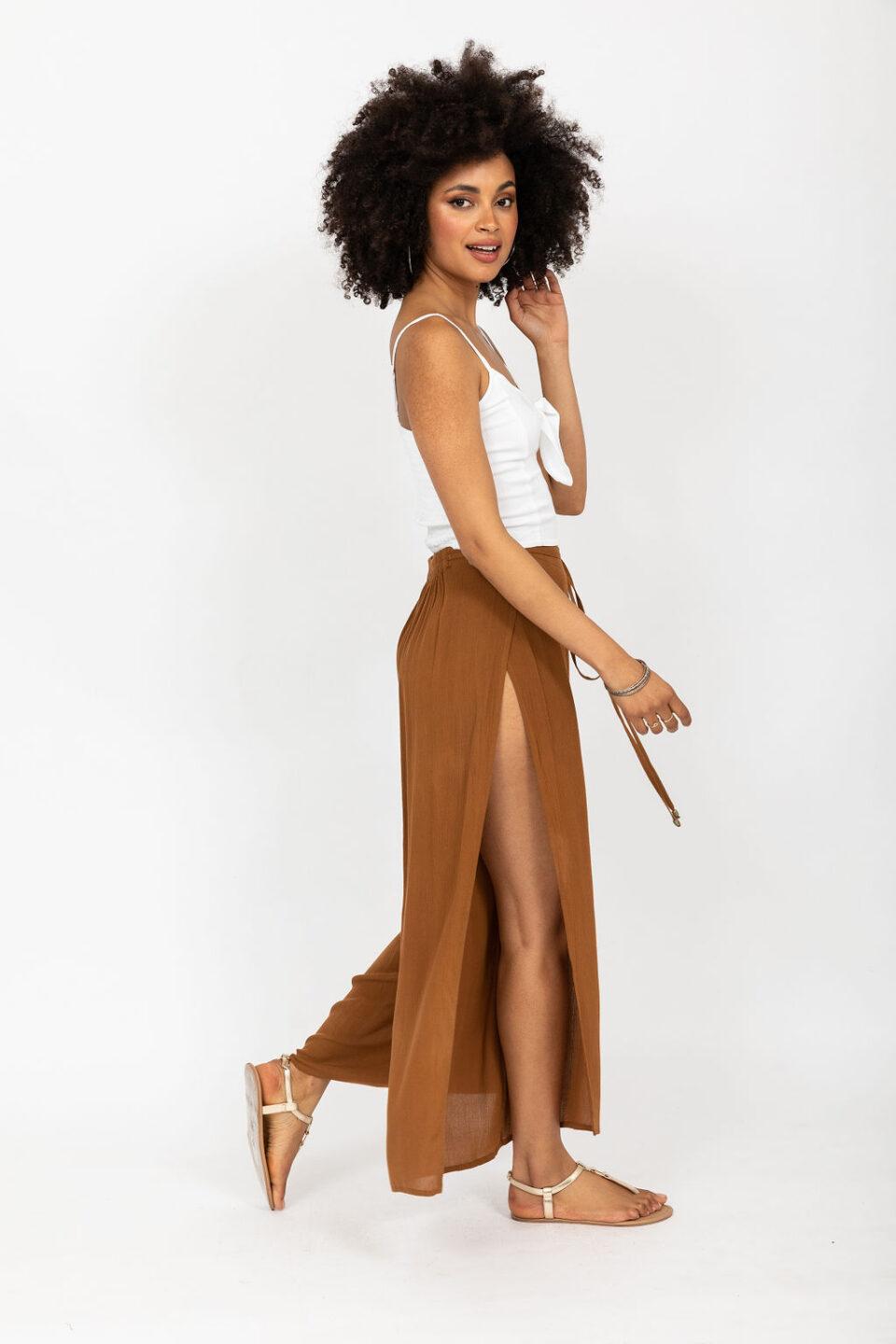 Side Split Wide Leg Relaxed Trousers in Caramel