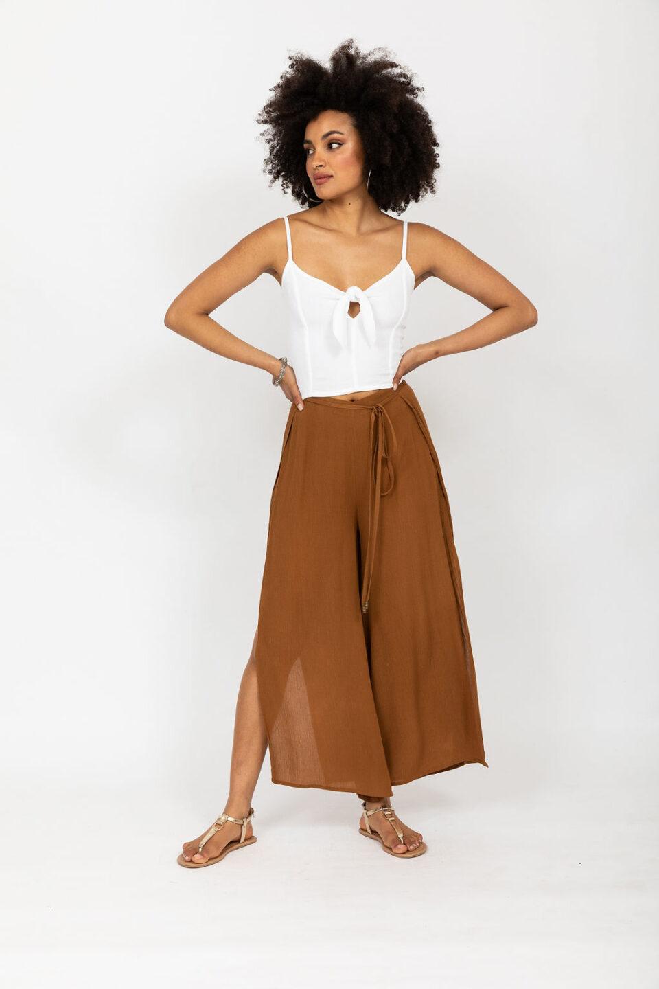 Side Split Wide Leg Relaxed Trousers in Caramel