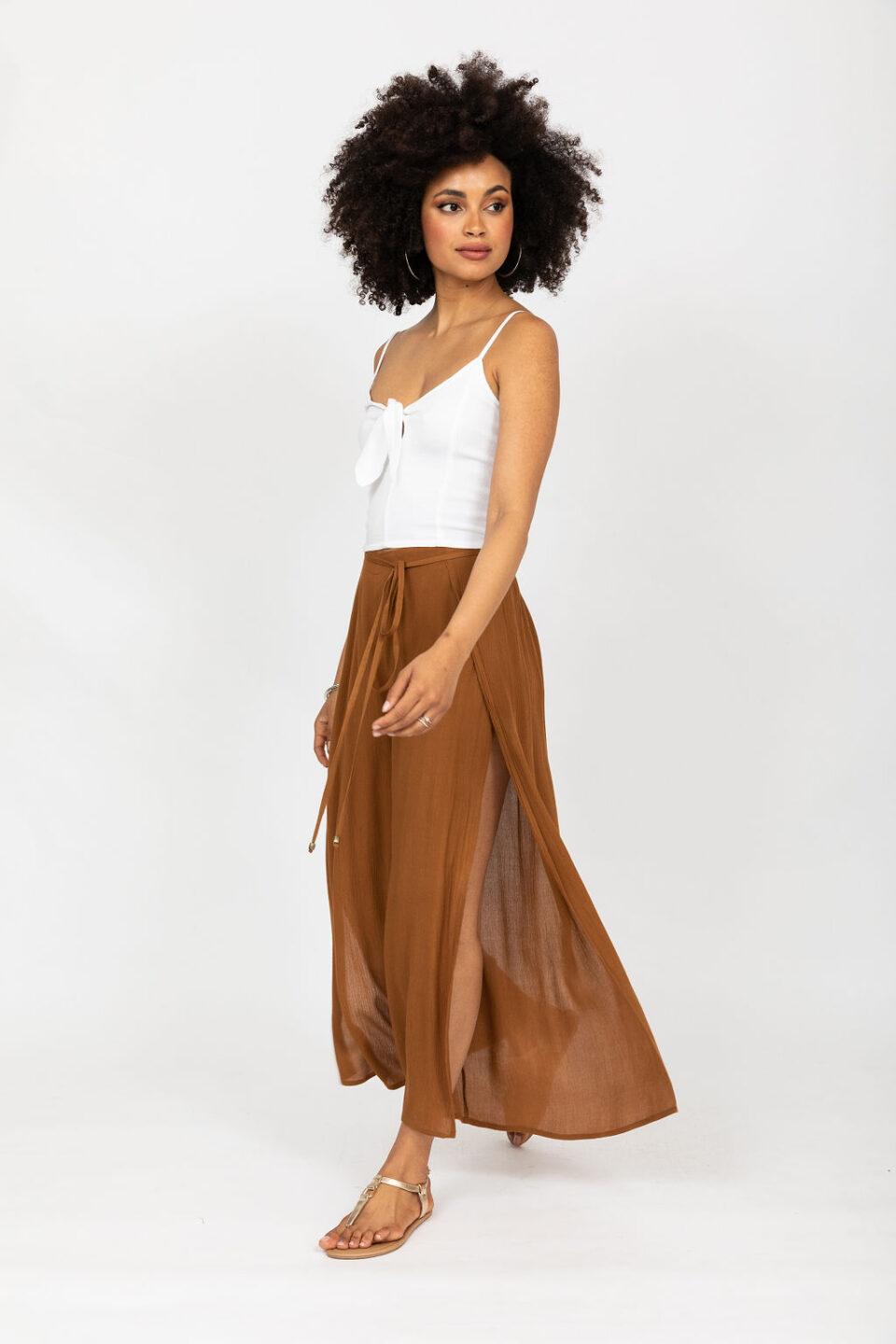 Side Split Wide Leg Relaxed Trousers in Caramel