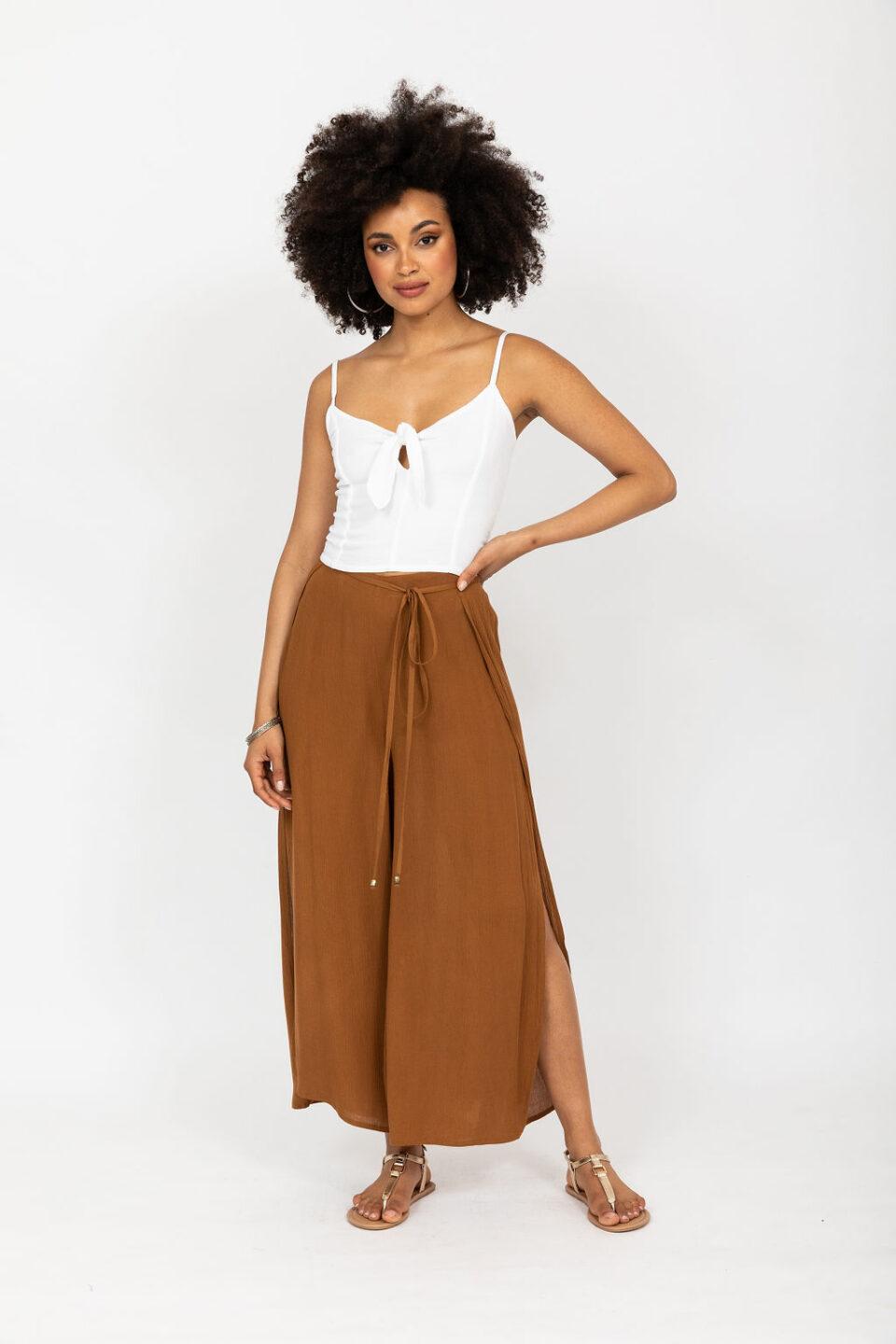 Side Split Wide Leg Relaxed Trousers in Caramel