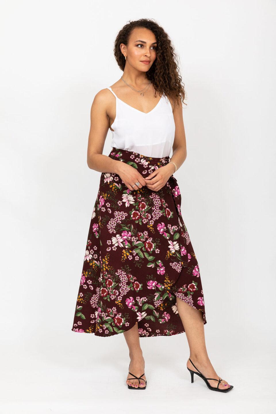 Maxi Wrap Skirt in Pink Floral Burgundy