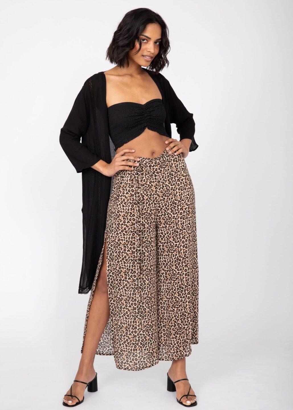 Side Split Wide Leg Relaxed Trousers in Leopard Print