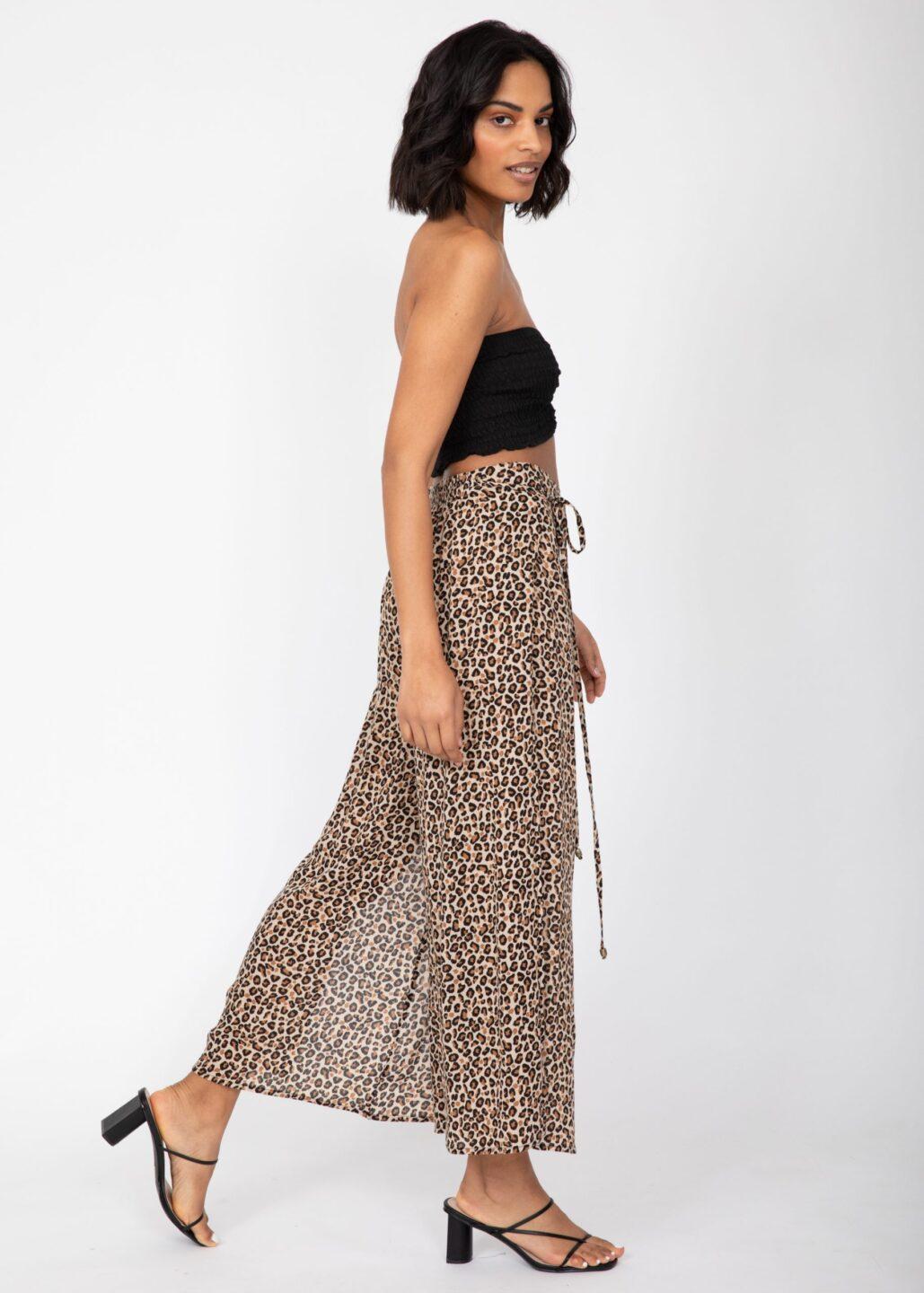 Side Split Wide Leg Relaxed Trousers in Leopard Print