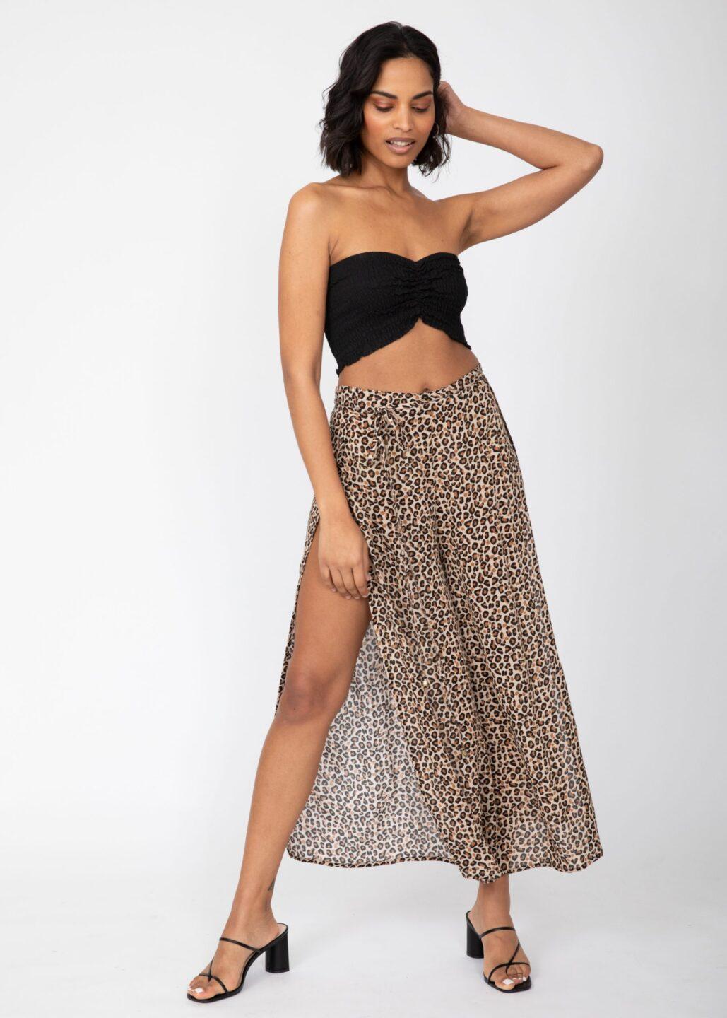 Side Split Wide Leg Relaxed Trousers in Leopard Print