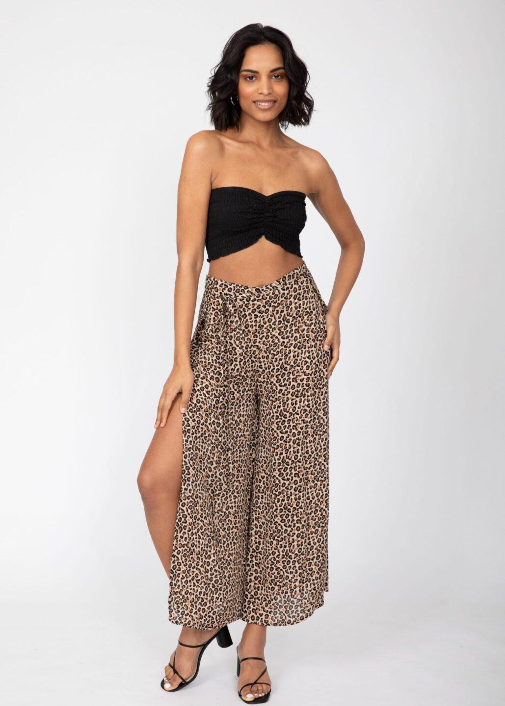 Side Split Wide Leg Relaxed Trousers in Leopard Print