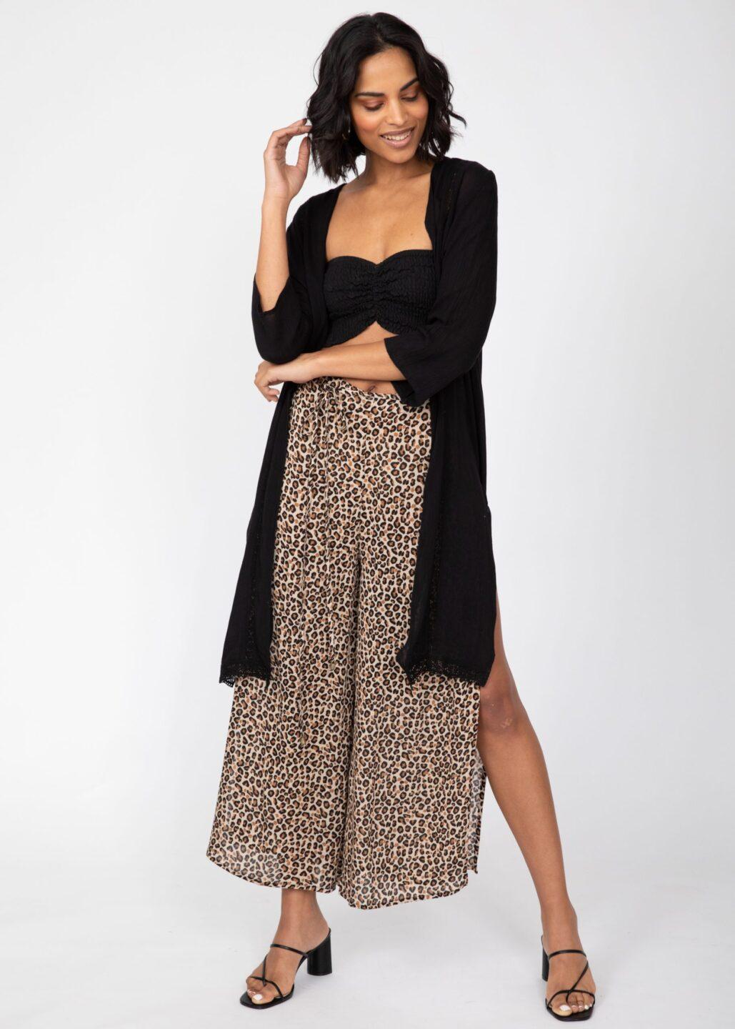 Side Split Wide Leg Relaxed Trousers in Leopard Print