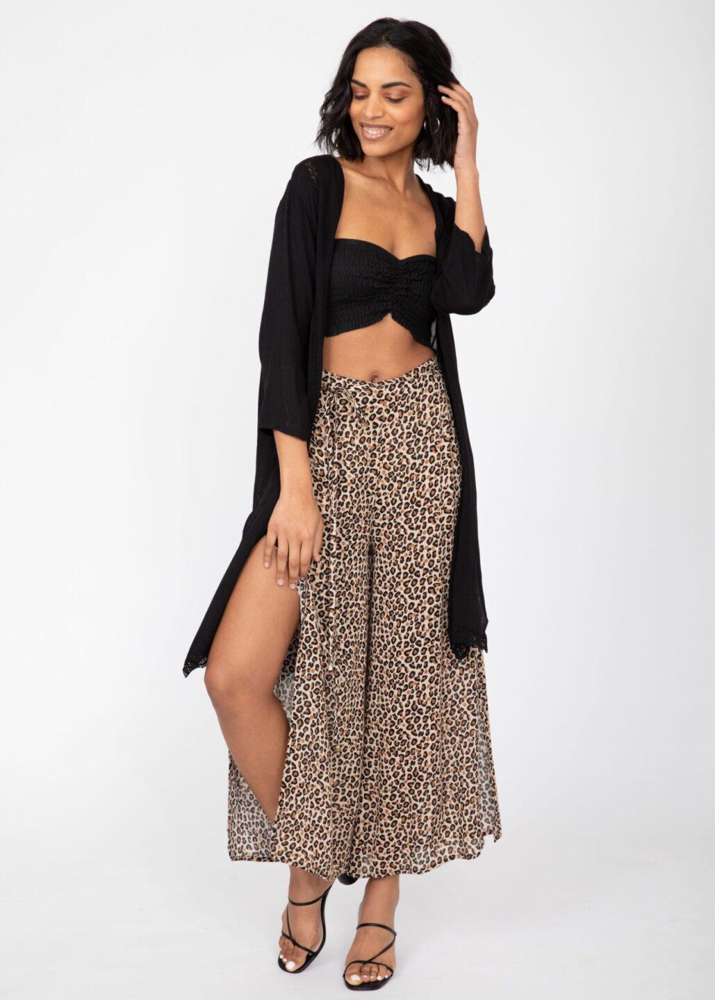 Side Split Wide Leg Relaxed Trousers in Leopard Print