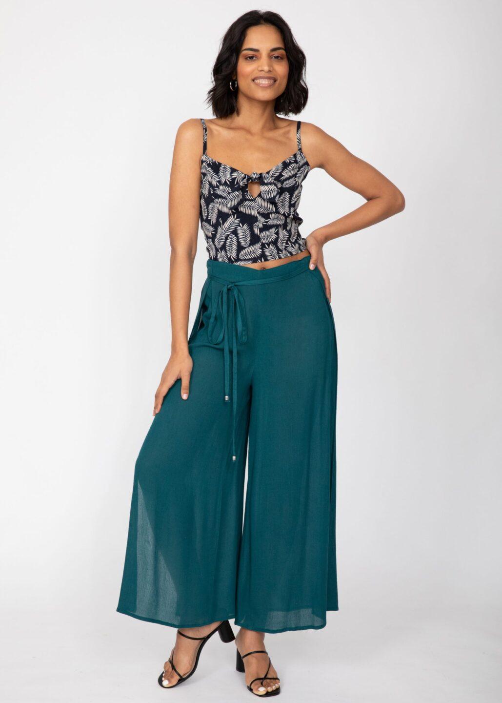 Side Split Wide Leg Relaxed Trousers in Teal