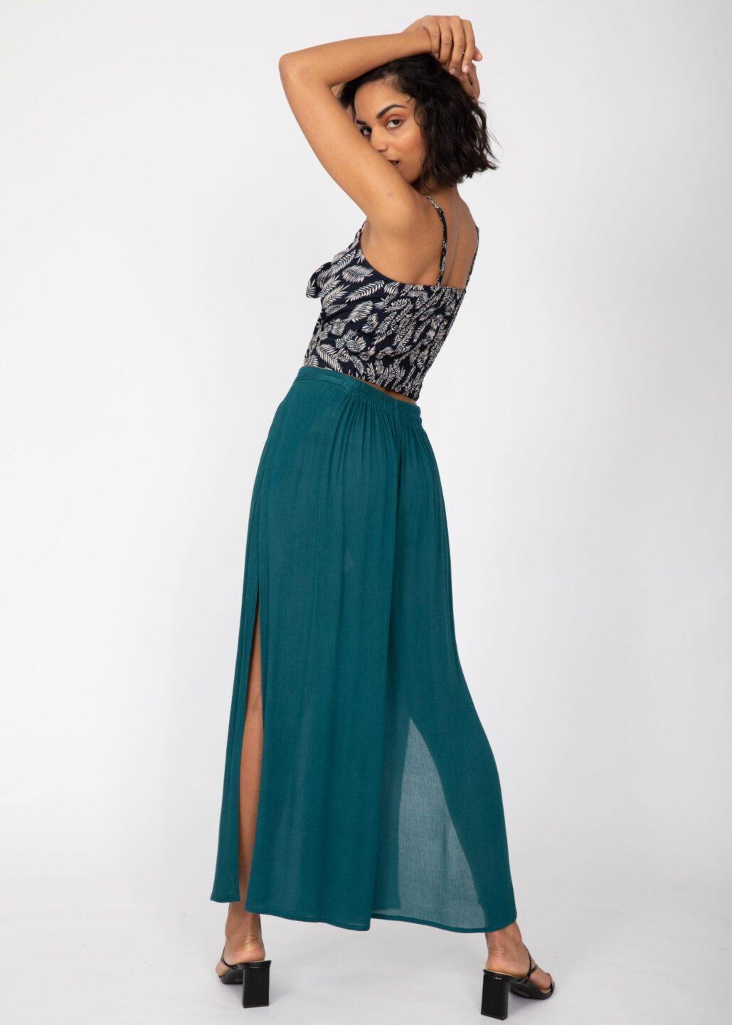 Side Split Wide Leg Relaxed Trousers in Teal