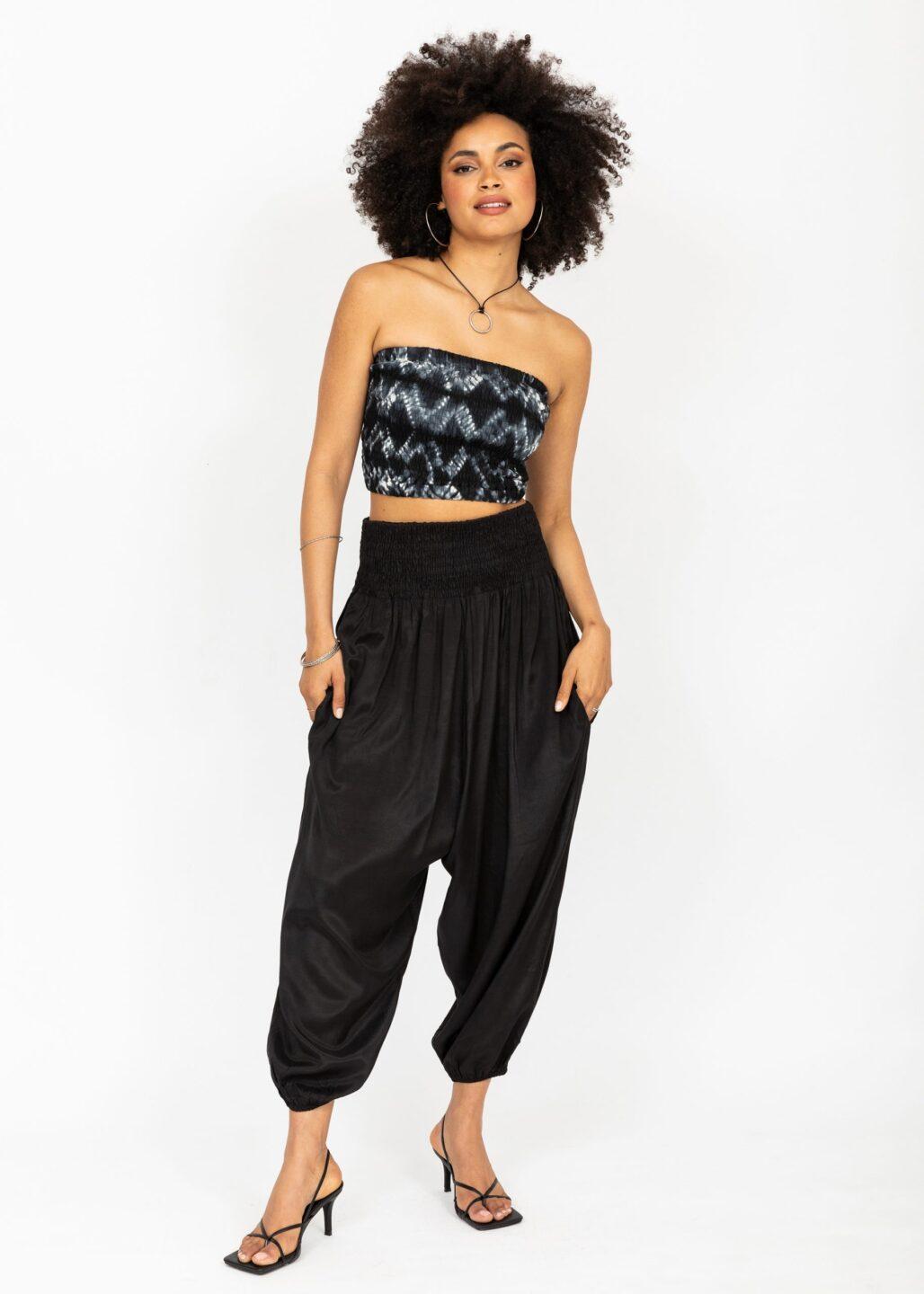 Silk Look Convertible Harem Trouser and Capri Jumpsuit Black