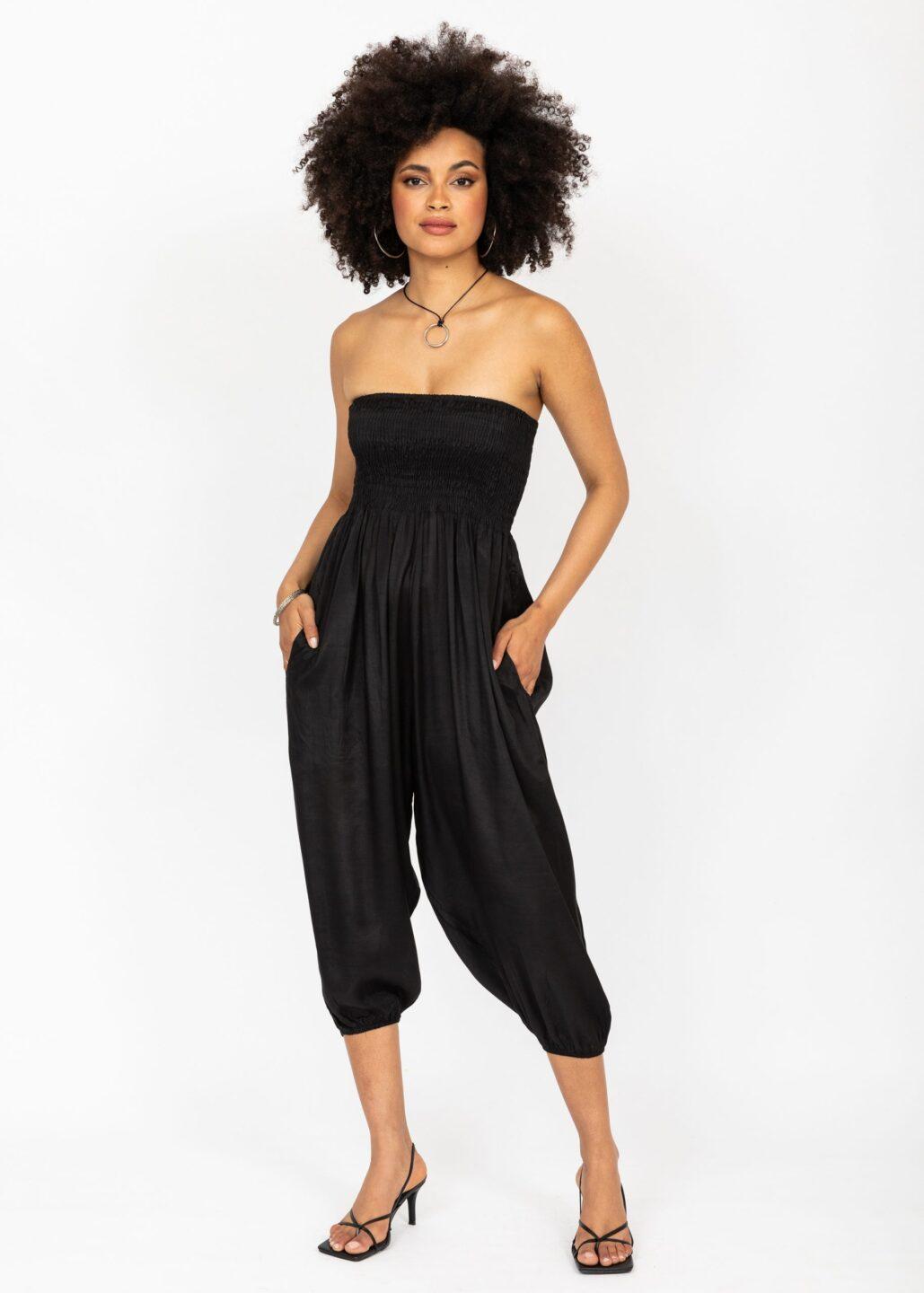 Silk Look Convertible Harem Trouser and Capri Jumpsuit Black