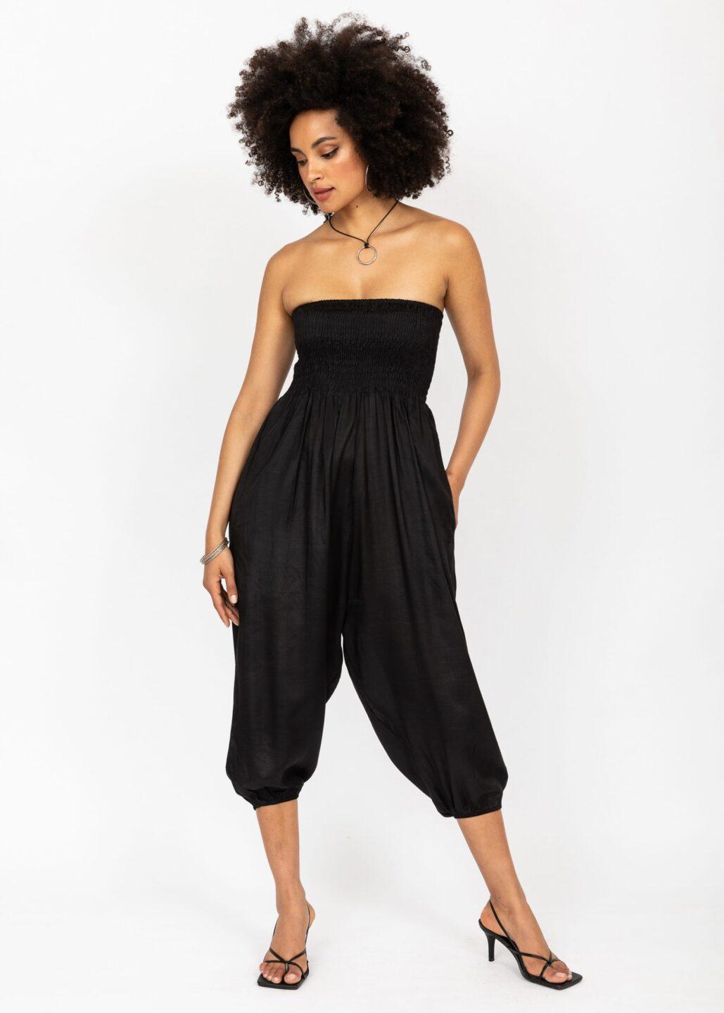 Silk Look Convertible Harem Trouser and Capri Jumpsuit Black