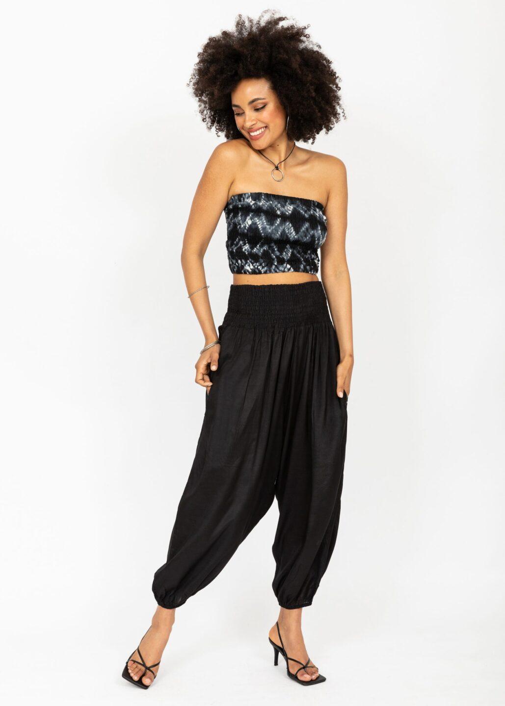 Silk Look Convertible Harem Trouser and Capri Jumpsuit Black