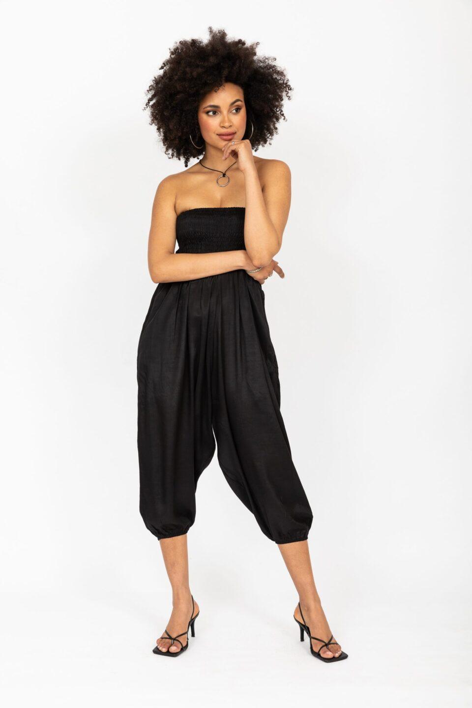 Silk Look Convertible Harem Trouser and Capri Jumpsuit Black