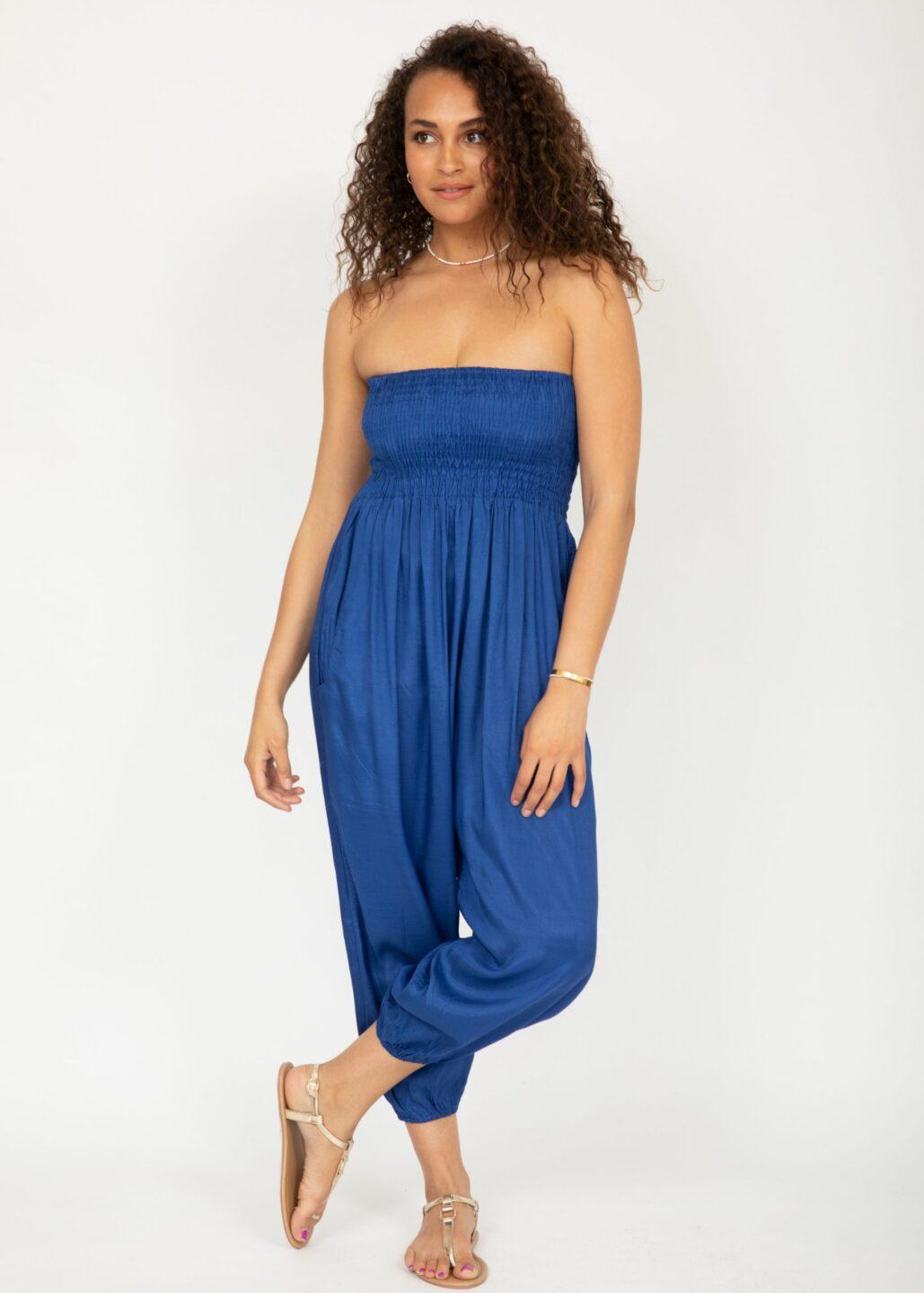 Silk Look Convertible Harem Trouser and Capri Jumpsuit Cobalt