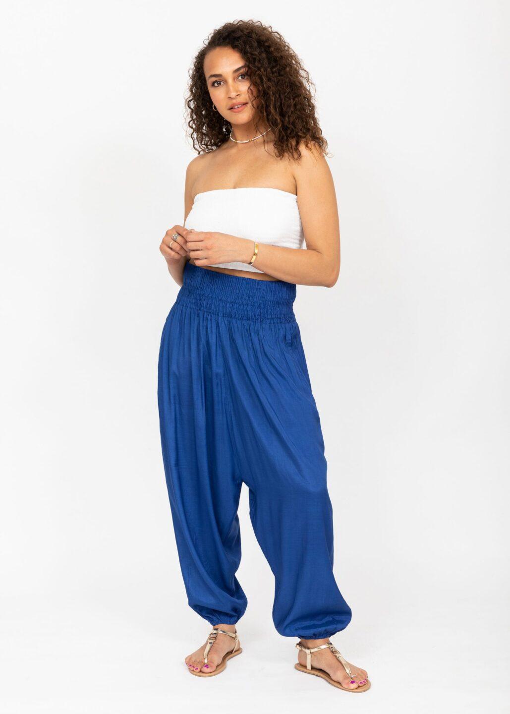 Silk Look Convertible Harem Trouser and Capri Jumpsuit Cobalt