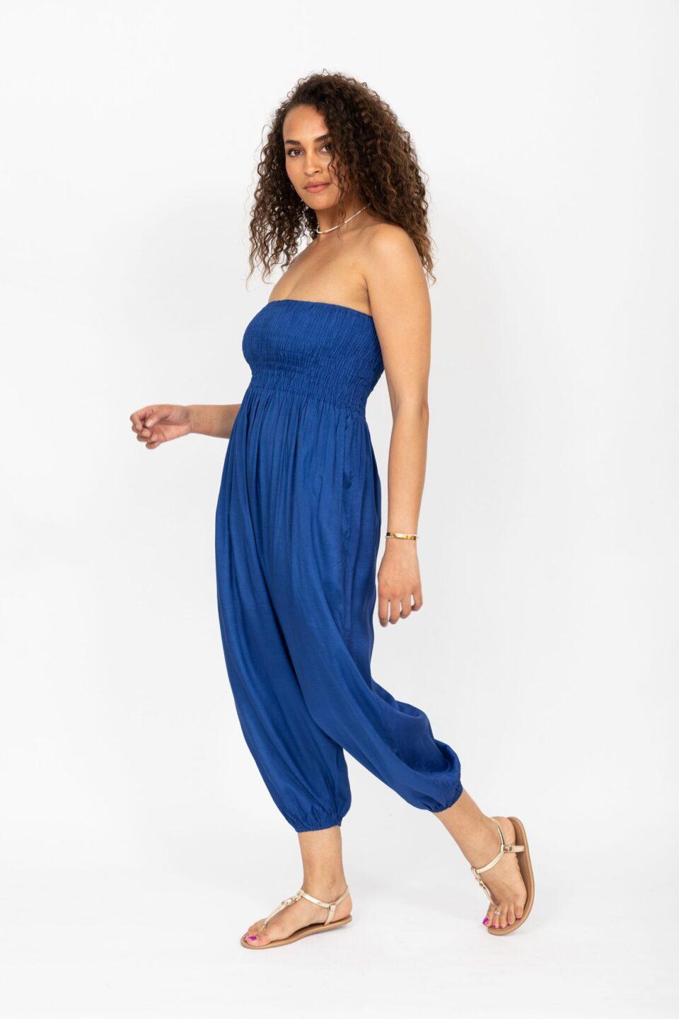 Silk Look Convertible Harem Trouser and Capri Jumpsuit Cobalt