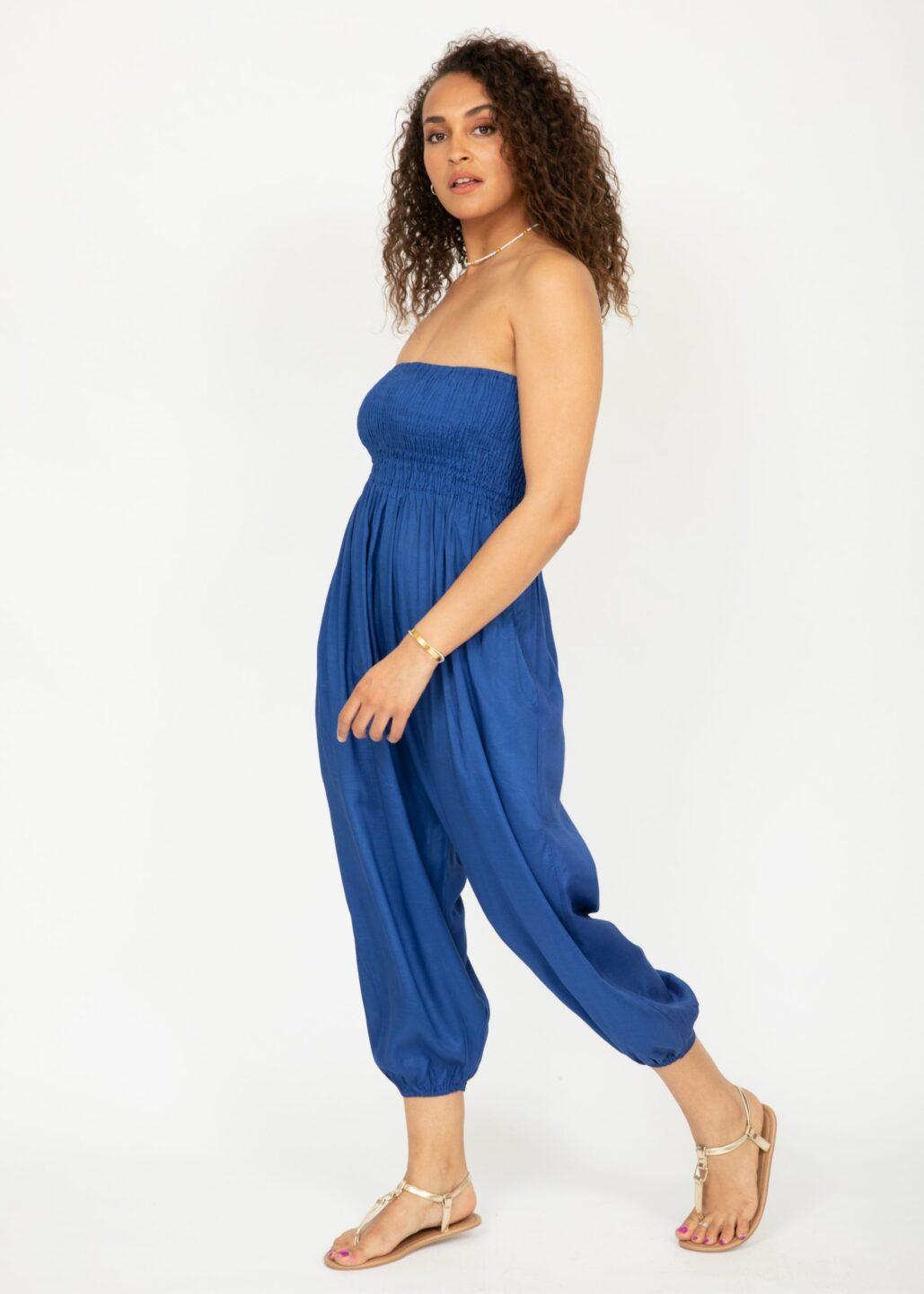 Silk Look Convertible Harem Trouser and Capri Jumpsuit Cobalt