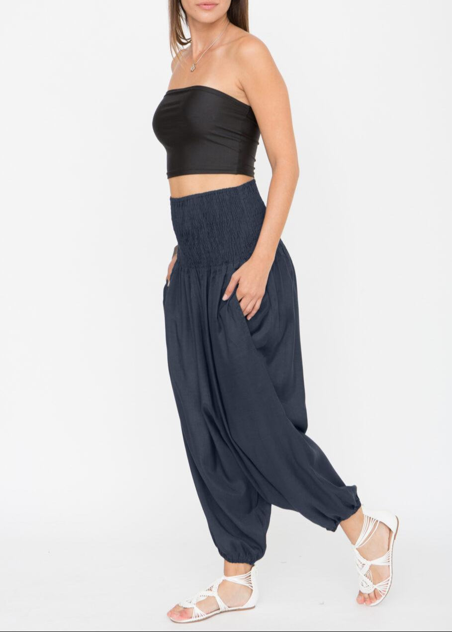 Silk Look Convertible Harem Trouser and Capri Jumpsuit Midnight Blue