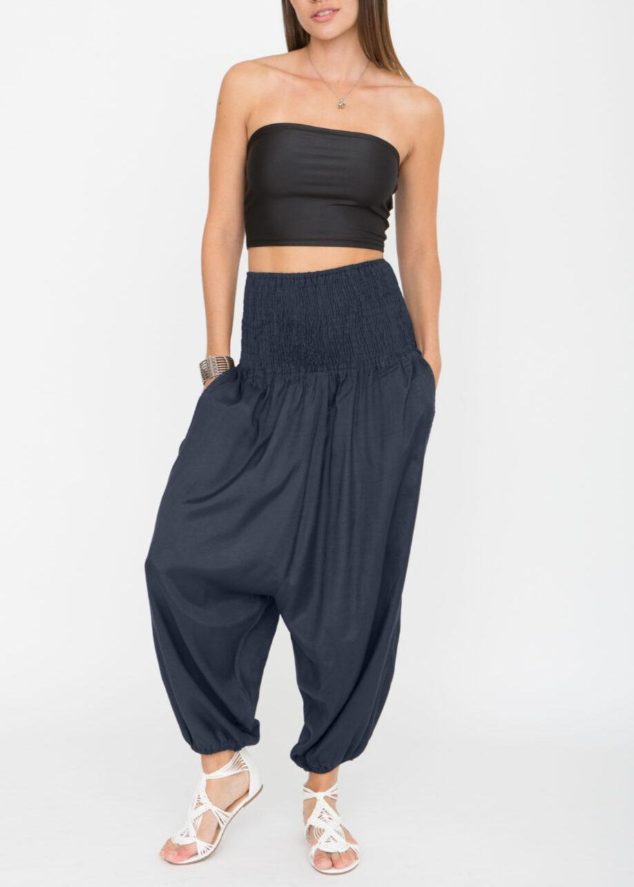 Silk Look Convertible Harem Trouser and Capri Jumpsuit Midnight Blue