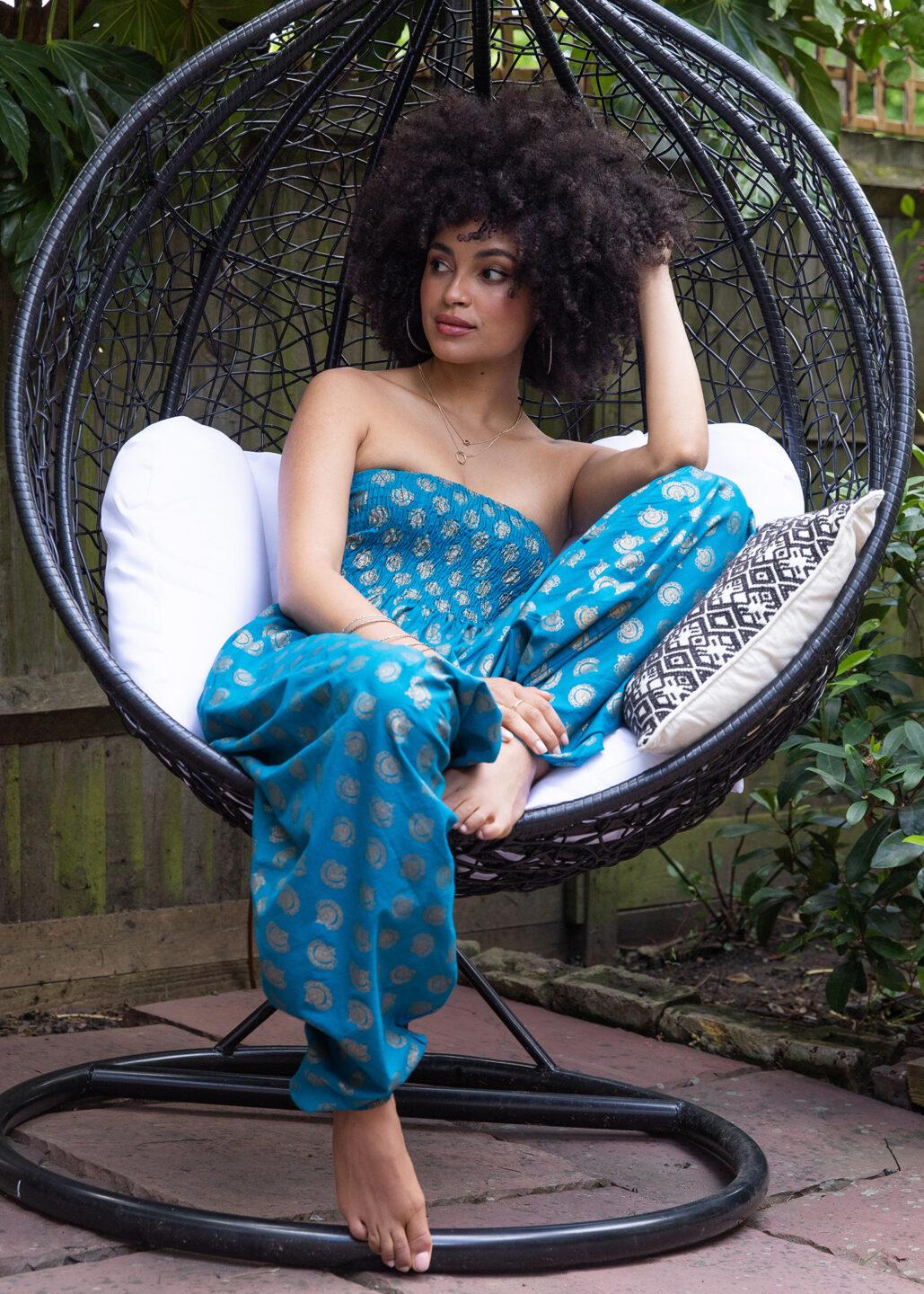 Cotton Printed 2 in 1 Maxi Harem Trouser & Bandeau Jumpsuit Turquoise Gold Print