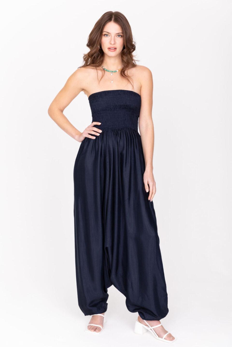 Silk Look Maxi Harem Trouser Jumpsuit Midnight Blue