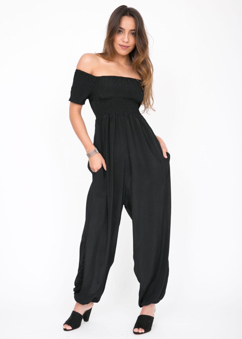 Silk Look Off Shoulder Harem Jumpsuit Black