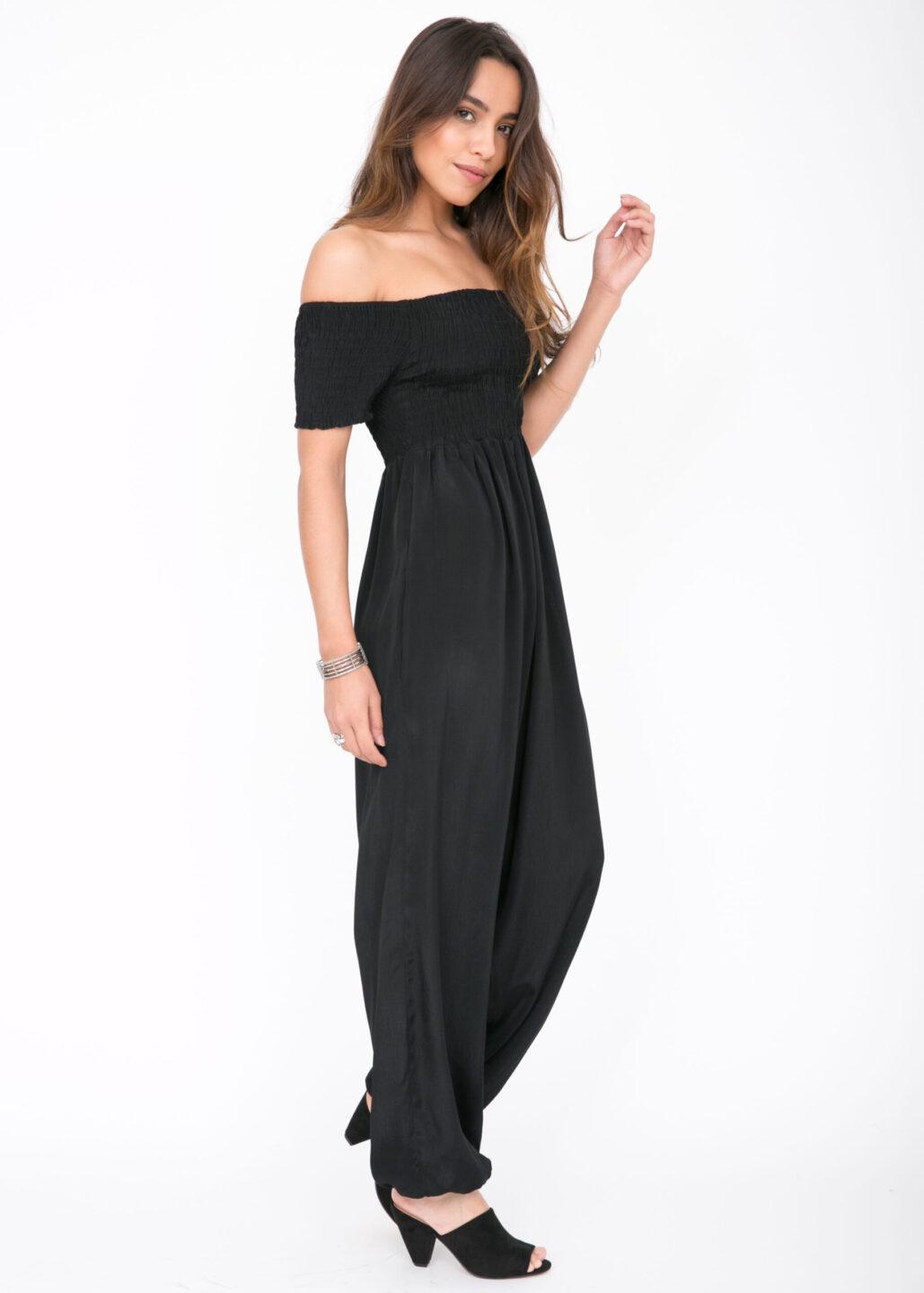 Silk Look Off Shoulder Harem Jumpsuit Black