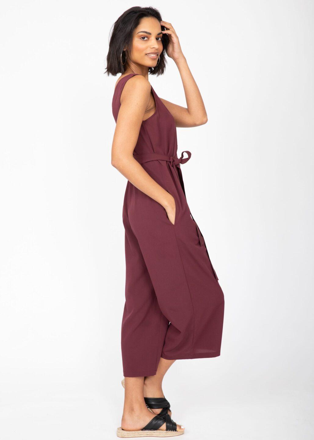 Sleeveless Jumpsuit Cropped Relaxed Romper Burgundy Red