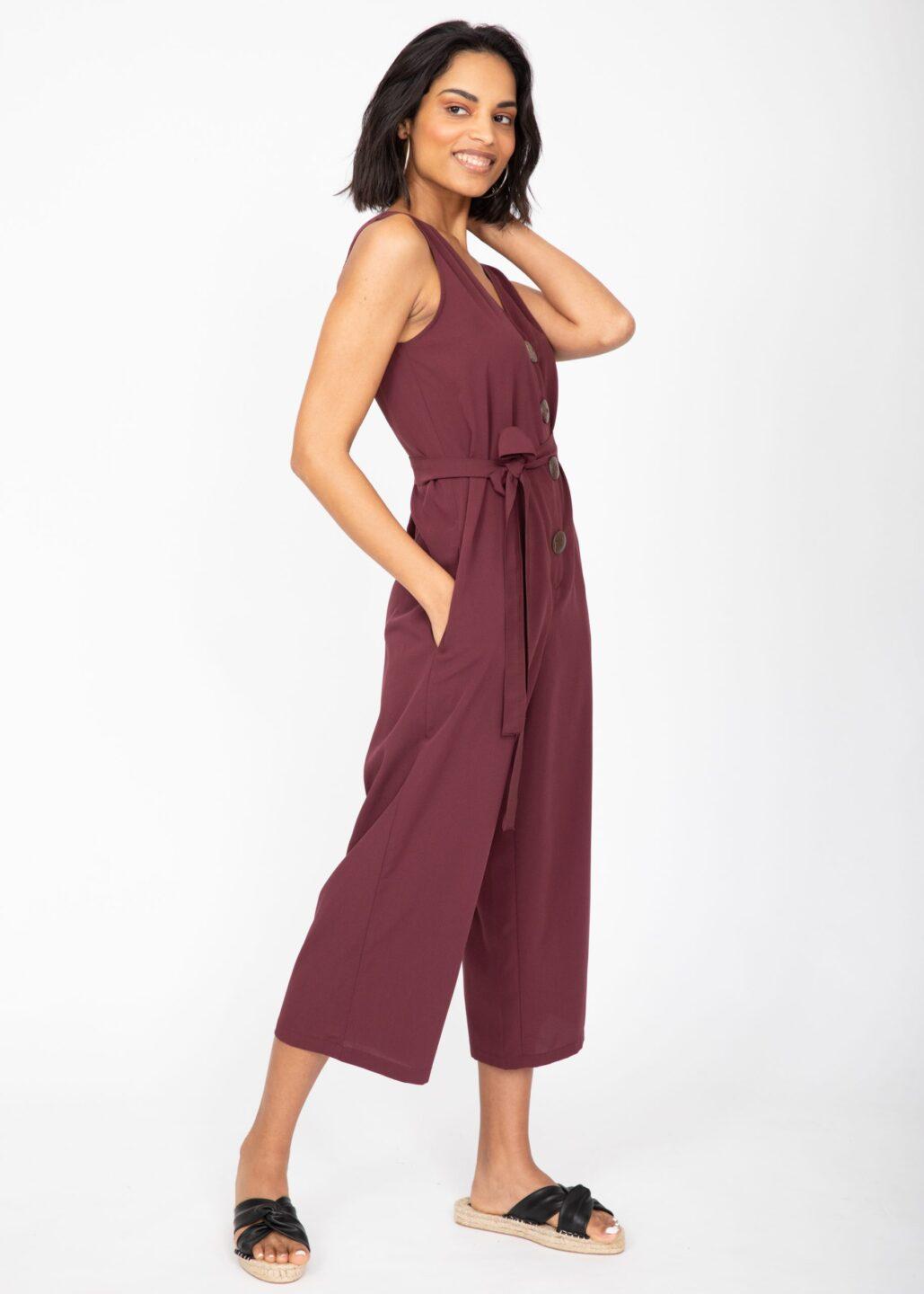 Sleeveless Jumpsuit Cropped Relaxed Romper Burgundy Red