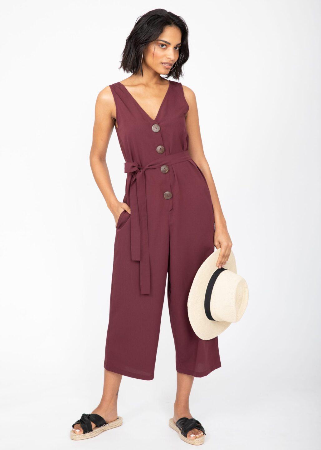 Sleeveless Jumpsuit Cropped Relaxed Romper Burgundy Red