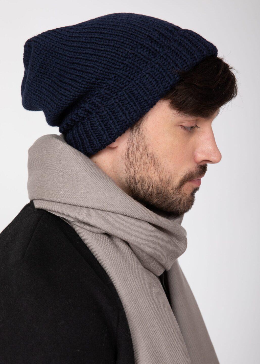 Slouch Men's Beanie Hat Merino Wool Navy Blue