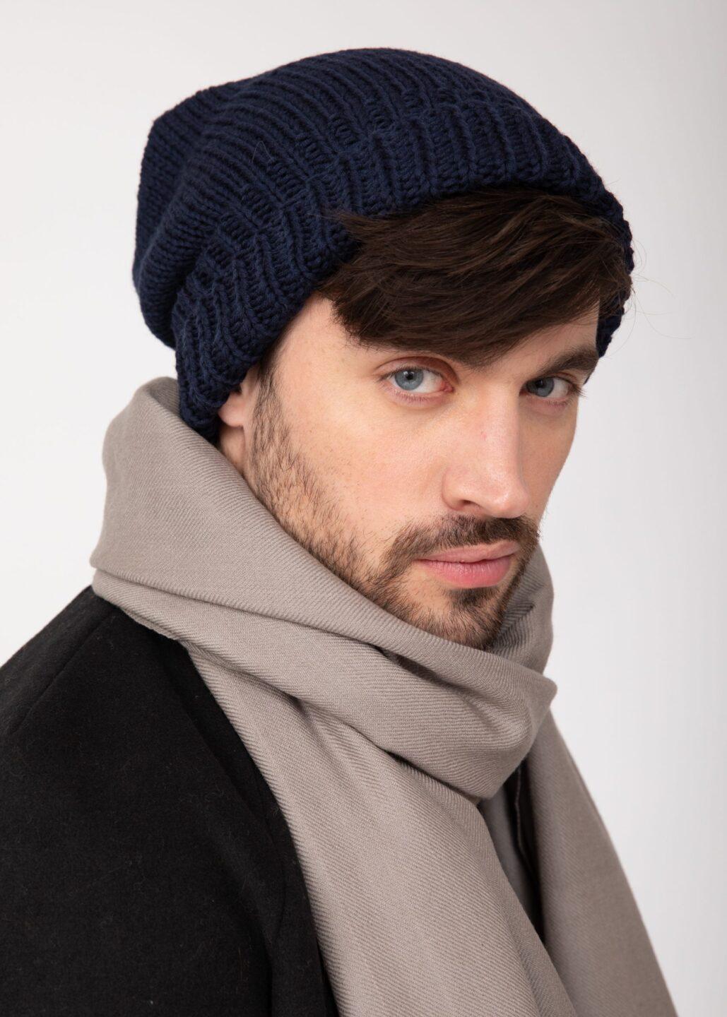 Slouch Men's Beanie Hat Merino Wool Navy Blue